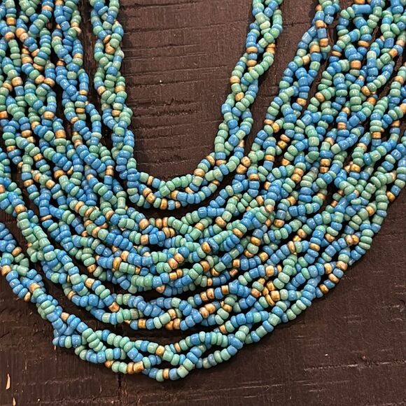 Talbots Seedbead Gold Tone Turquoise Blue Multi Strand Necklace Boho Classy - Picture 7 of 9